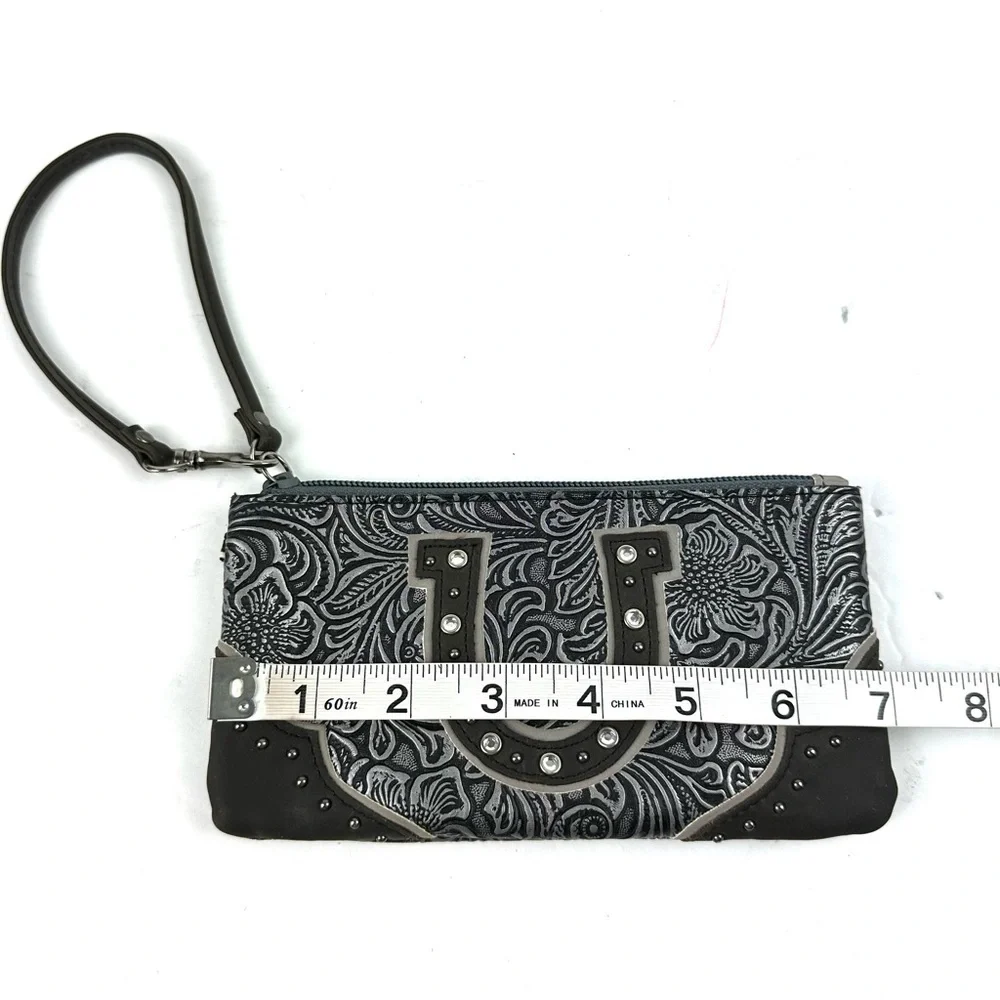 Wrangler Wristlet Grey‎ Faux Leather Horseshoe Wallet Rhinestone Womens